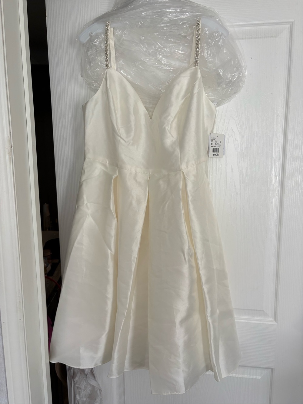 David's Bridal Ivory Satin A-Line Spaghetti Strap Dress
